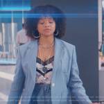 Venetia’s blue pinstripe jacket and shorts on Glamorous