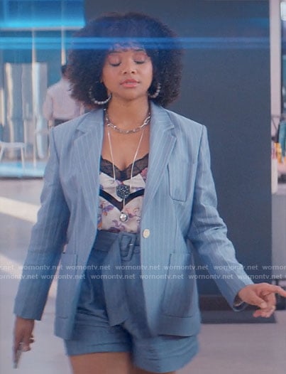 Venetia’s blue pinstripe jacket and shorts on Glamorous