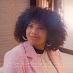 Venetia’s pink cropped blazer and patterned skirt on Glamorous