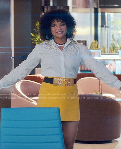 Venetia’s white embellished shirt on Glamorous