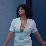 Venetia’s white tweed zip front dress on Glamorous
