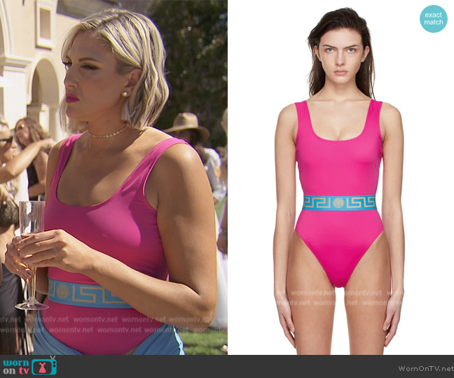 Versace Pink Greca One-Piece Swimsuit worn by Gina Kirschenheiter on The Real Housewives of Orange County
