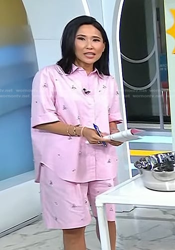 Vicky’s pink embellished short sleeve shirt and shorts on Today