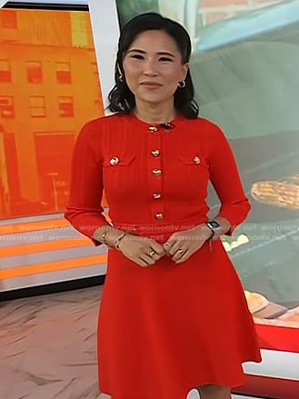 Vicky’s red knit dress with gold buttons on Today