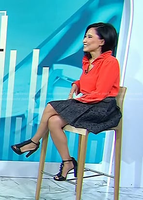 Vicky’s red ruffle blouse and grey skirt on Today