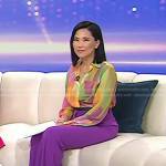 Vicky’s multicolor print shirt and purple pants on Today
