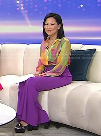 Vicky’s multicolor print shirt and purple pants on Today