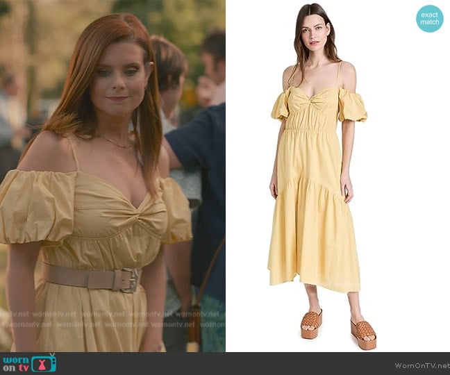 Vince Sweetheart Puff Sleeve Tiered Midi Dress worn by Maddie Townsend (JoAnna Garcia Swisher) on Sweet Magnolias