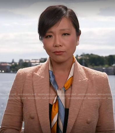Weijia Jian’s beige tweed blazer on CBS Mornings