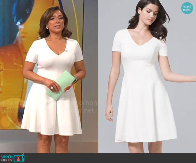 White House Black Market Polished Knit White Fit-And-Flare Dress worn by Michelle Miller on CBS Mornings