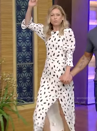 Kelly’s white printed midi dress on Live with Kelly and Ryan