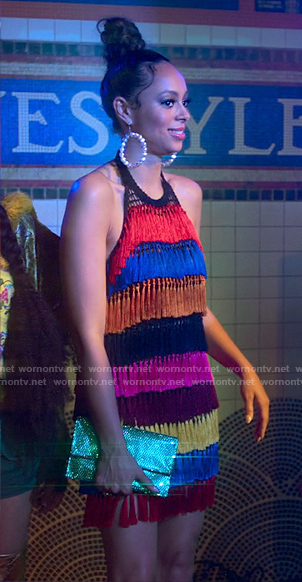 Whitney’s rainbow fringed dress on Run the World
