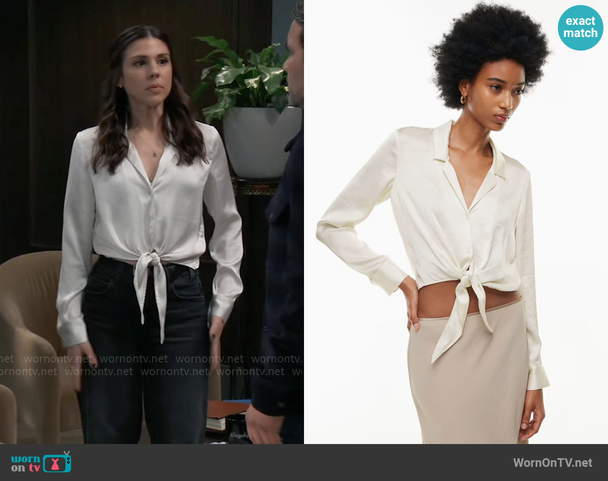 Wilfred Tie-Front Blouse in Light Birch worn by Kristina Corinthos-Davis (Kate Mansi) on General Hospital