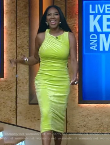 Kenya Moore’s yellow velvet sleeveless dress on Live with Kelly and Mark