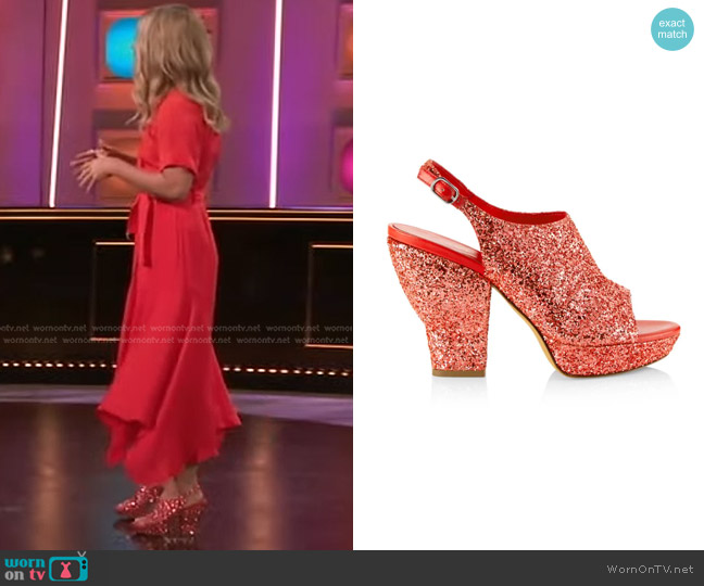3.1 Phillip Lim Salma Glitter Platform Sandals in Coral worn by Kelly Ripa on Generation Gap