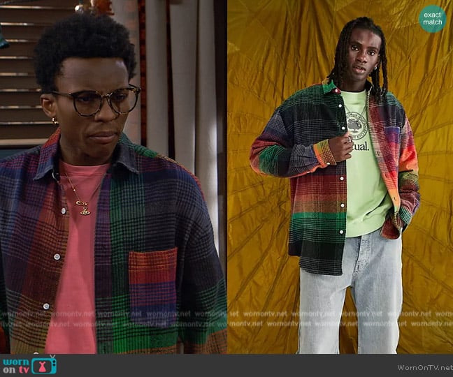ASOS 90s oversized shirt in rainbow check worn by Noah Lambert (Israel Johnson) on Bunkd