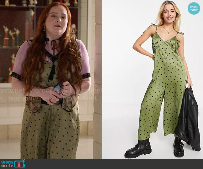 ASOS Design 90s satin tie shoulder jumpsuit in khaki dot worn by Ashlyn (Julia Lester) on High School Musical The Musical The Series