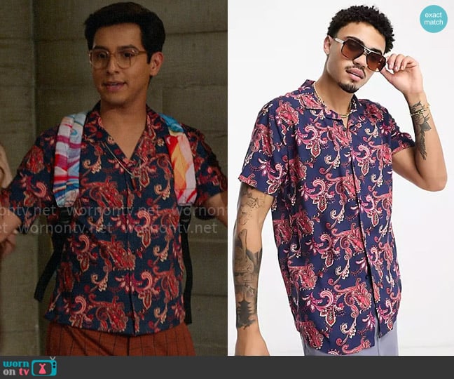 ASOS Design Camp collar shirt in navy and burgundy paisley print worn by Carlos Rodriguez (Frankie A. Rodriguez) on High School Musical The Musical The Series