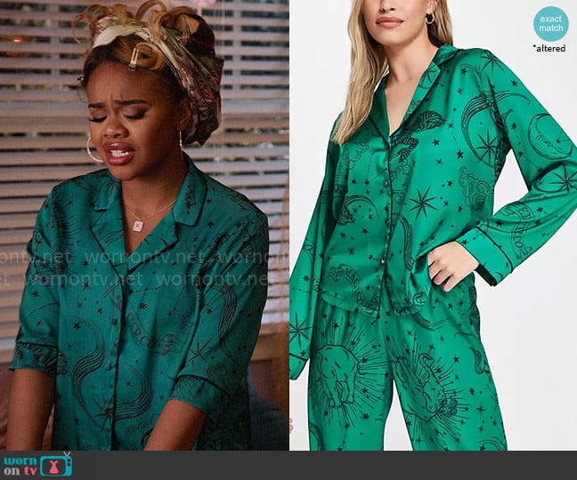 ASOS Design Celestial print shirt & pant pajama set in green worn by Kourtney (Dara Renee) on High School Musical The Musical The Series