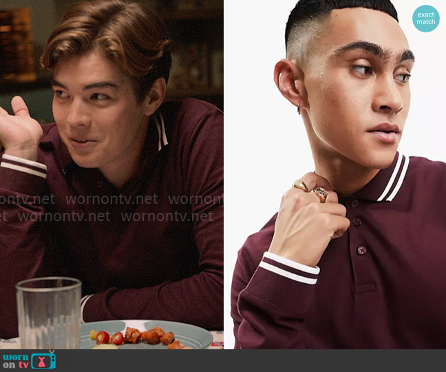 ASOS Design Long sleeve tipped pique polo shirt in burgundy worn by Mack Alana (Matthew Sato) on High School Musical The Musical The Series