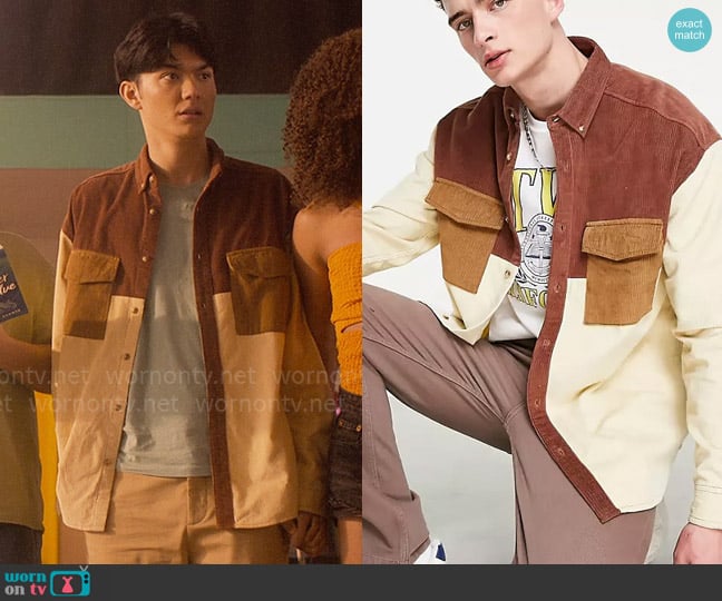 ASOS Design Oversized cord shirt in brown color block worn by Tao Xu (William Gao) on Heartstopper