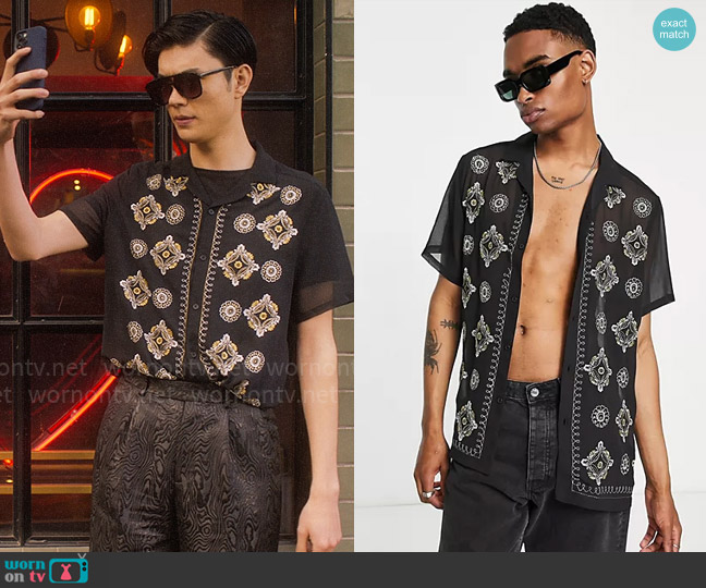 ASOS Design Relaxed revere shirt in sheer with sparkle embroidery worn by Tao Xu (William Gao) on Heartstopper