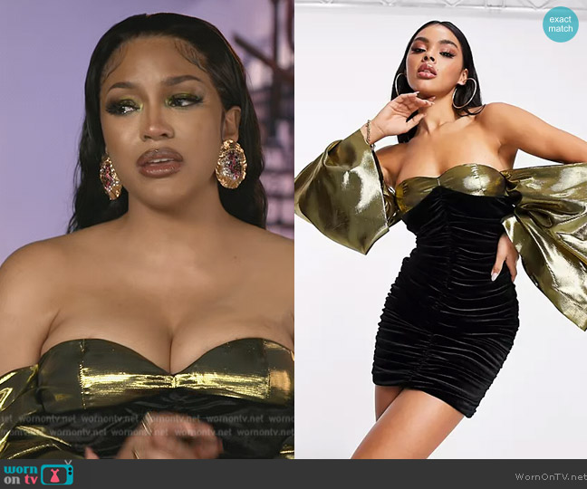 ASOS Bardot velvet ruched mini dress in gold and black worn by Drew Sidora on The Real Housewives of Atlanta