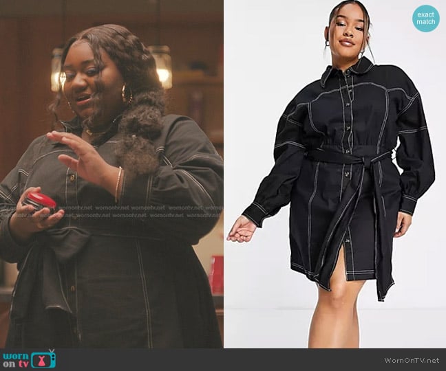 Asos Curve Yoke Detail Twill Mini Shirt Dress in black worn by Maisha (Genesis Denise Hale) on The Chi