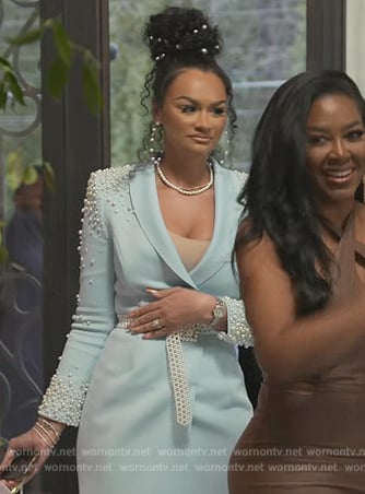 Akilah Murib Coleman’s blue pearl embellished blazer dress on The Real Housewives of Atlanta