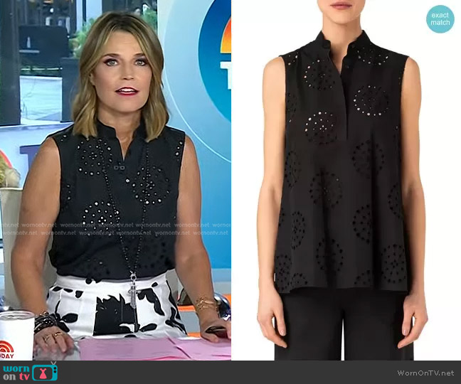 Akris Punto Embroidered Eyelet Cotton Sleeveless Blouse worn by Savannah Guthrie on Today