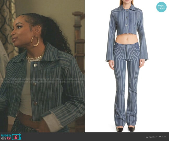 Anne Isabella Laser Stripe Raw Edge Crop Denim Jacket worn by Tiffany (Hannaha Hall) on The Chi
