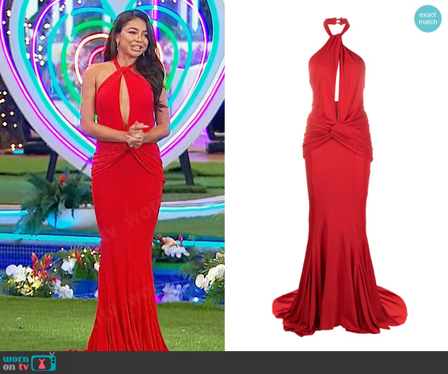 Blumarine Halterneck cut-out gown worn by Sarah Hyland on Love Island USA