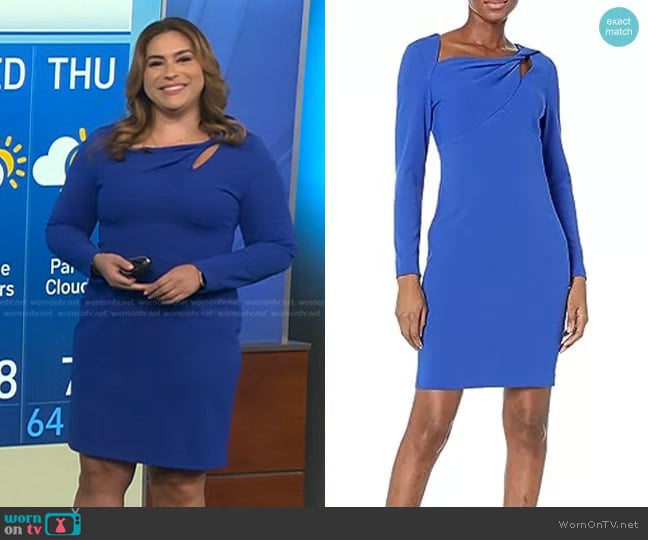 DKNY Scuba Crepe Twist Neck Sheath in Deep Cobalt worn by Violeta Yas on NBC News Daily