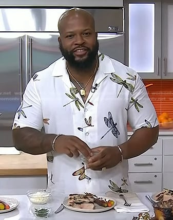 David Rose’s white dragonfly print shirt on Today