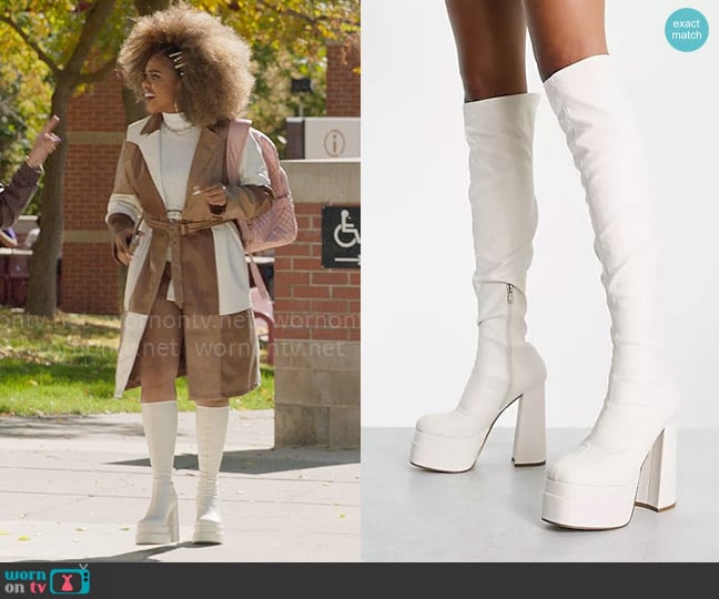 Ego Best Nights Platform Knee Boots in Cream PU worn by Kourtney (Dara Renee) on High School Musical The Musical The Series
