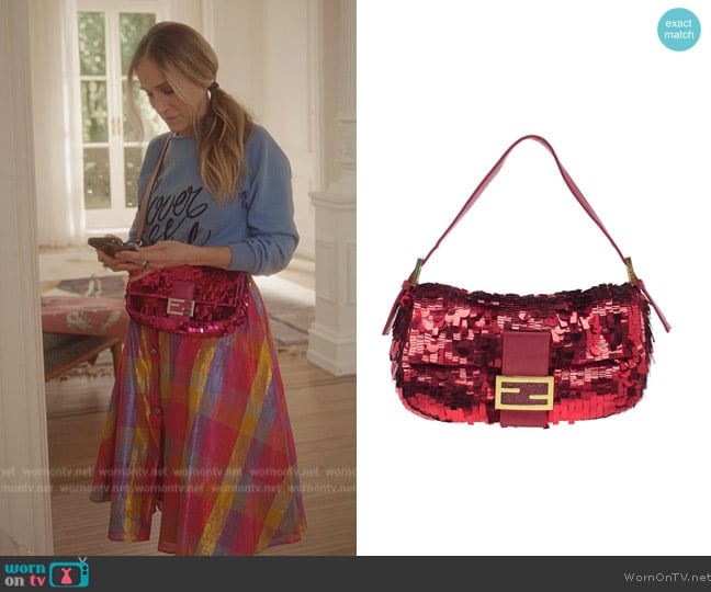 Fendi Red Sequin Baguette Shoulder Bag worn by Carrie Bradshaw (Sarah Jessica Parker) on And Just Like That