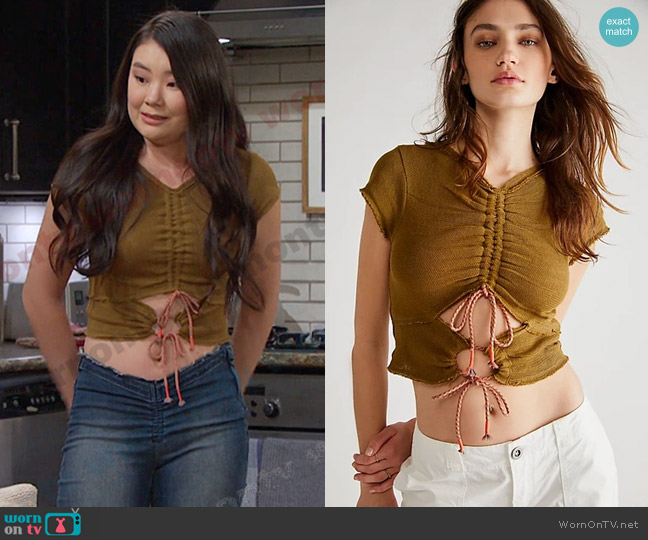 Free People Hot Mesh Tee in Dusted Military worn by Wendy Shin (Victoria Grace) on Days of our Lives