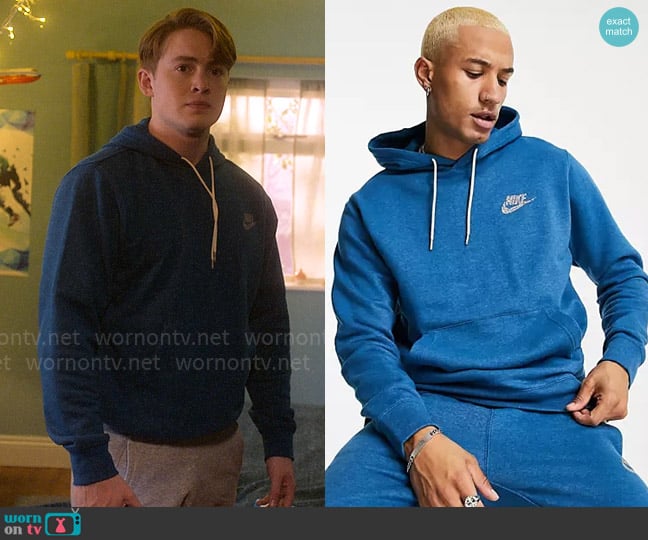 Nike Revival fleece hoodie in marina blue worn by Nick Nelson (Kit Connor) on Heartstopper