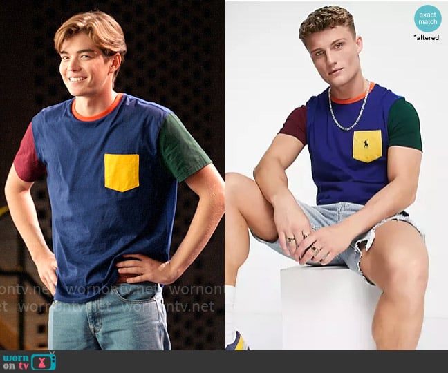 Polo Ralph Lauren Icon logo pocket color block t-shirt in royal blue worn by Mack Alana (Matthew Sato) on High School Musical The Musical The Series
