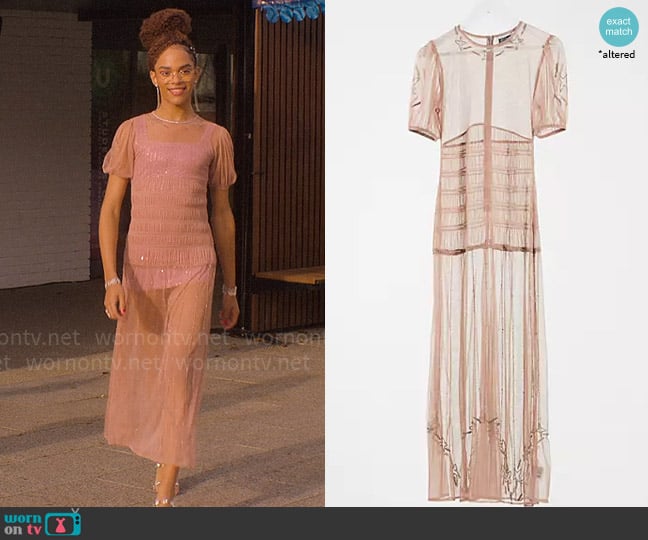 Reclaimed Vintage Couture Couture sheer maxi dress with embellishment worn by Elle Argent (Yasmin Finney) on Heartstopper