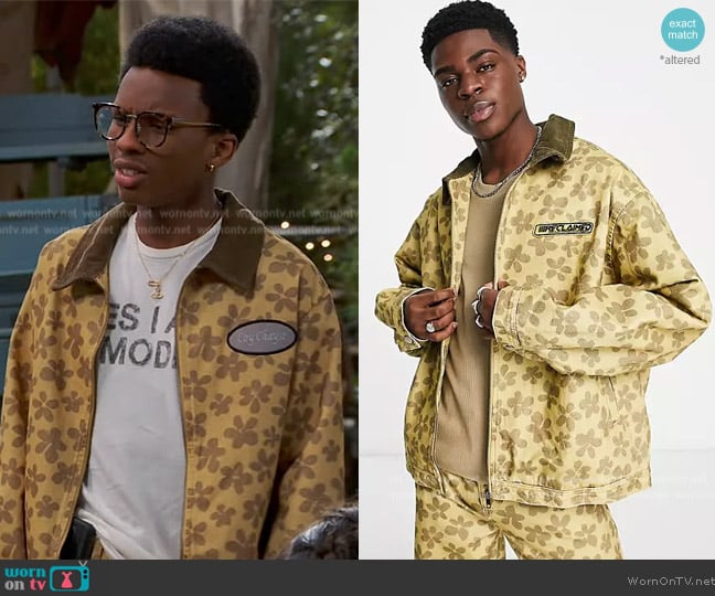 Reclaimed Vintage Inspired zip up denim jacket in tonal print worn by Noah Lambert (Israel Johnson) on Bunkd
