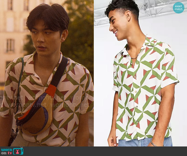 River Island Geo print revere shirt in ecru worn by Tao Xu (William Gao) on Heartstopper
