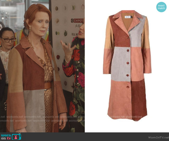 Rixo Lindsey patchwork coat worn by Miranda Hobbs (Cynthia Nixon) on And Just Like That