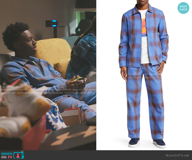 Saturdays NYC Ryan Plaid Flannel Zip Front Shirt Jacket in Amparo Blue worn by Kevin Williams (Alex R. Hibbert) on The Chi