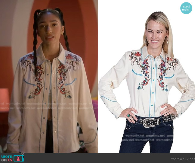 Scully Flower Embroidered snap Front Western Shirt worn by Zaara (Tara Raani) on Grown-ish