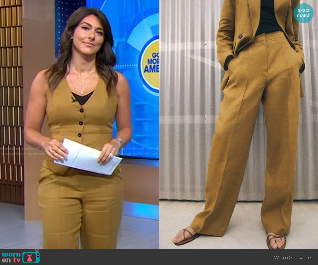 Zara Straight Fit Linen Pants in Caramel worn by Erielle Reshef on Good Morning America