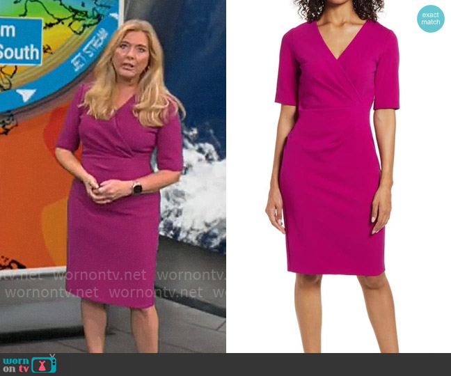 Tahari Pleat Detail Sheath Dress In Currant worn by Kelly Cass on CBS Mornings