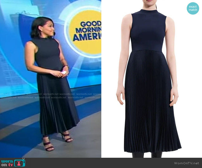 Theory Mixed Media Pleated Midi Dress in Nocturne Navy worn by Stephanie Ramos on Good Morning America