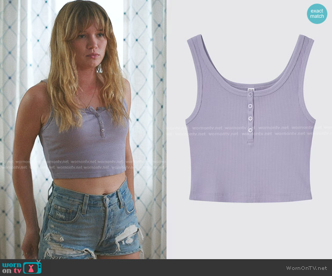 Uniqlo Ribbed Cropped Henley Neck Tank Top in Purple worn by Taylor Jewel (Rain Spencer) on The Summer I Turned Pretty