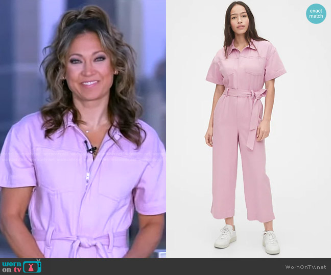 Gap Utility Tie-Belt Jumpsuit in fragrant lilac worn by Ginger Zee on Good Morning America